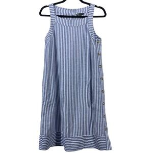For Cynthia Size M Shift Dress Blue White Striped Linen Blend Side Button Pocket